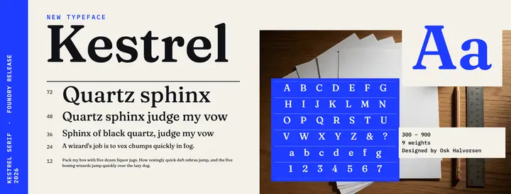 Kestrel serif typeface release specimen cover template