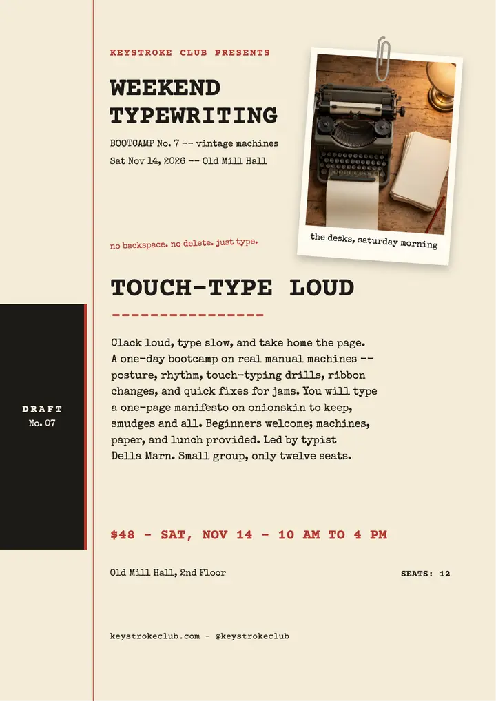 Keystroke Club typewriting bootcamp flyer: typewriting bootcamp flyer template