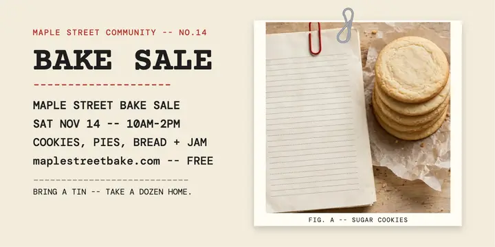 Maple Street Bake Sale typed announcement template
