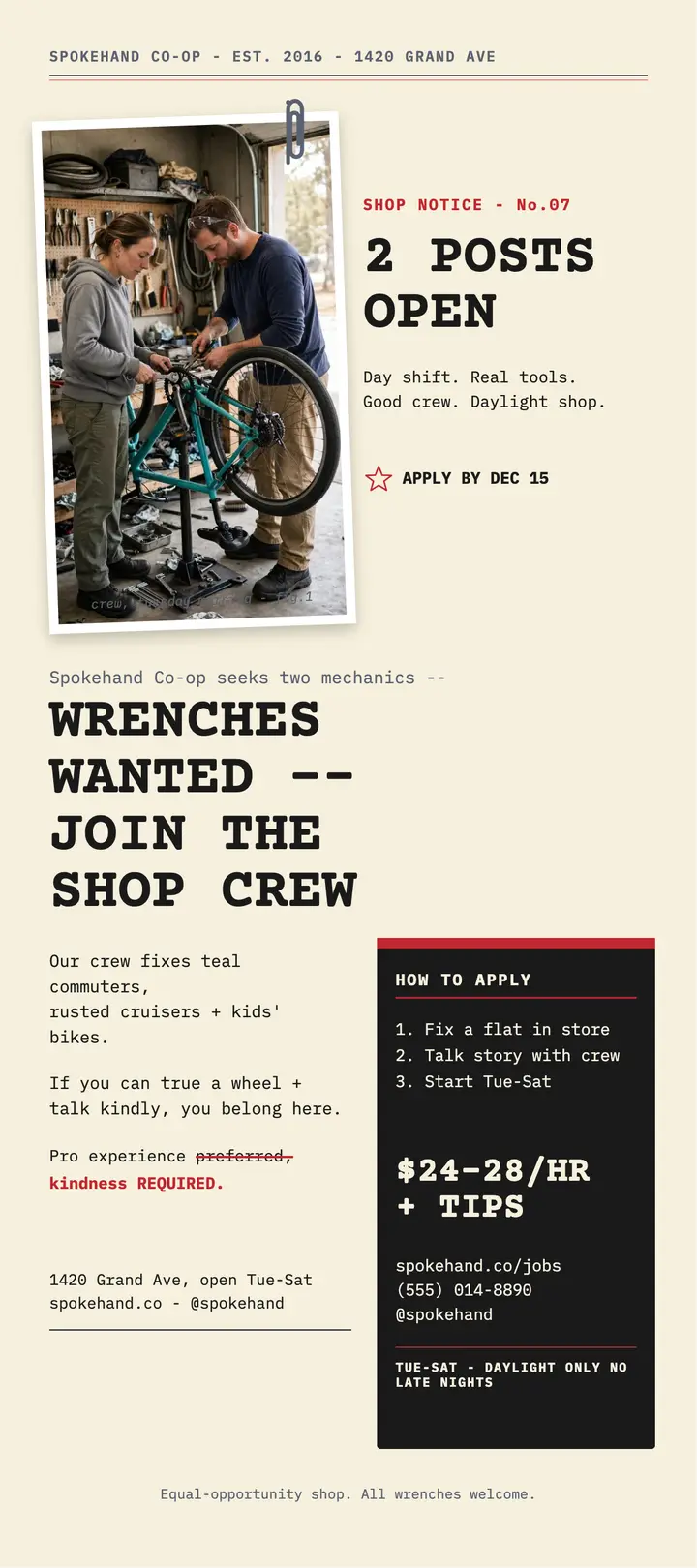 Spokehand bike crew hiring rack card template