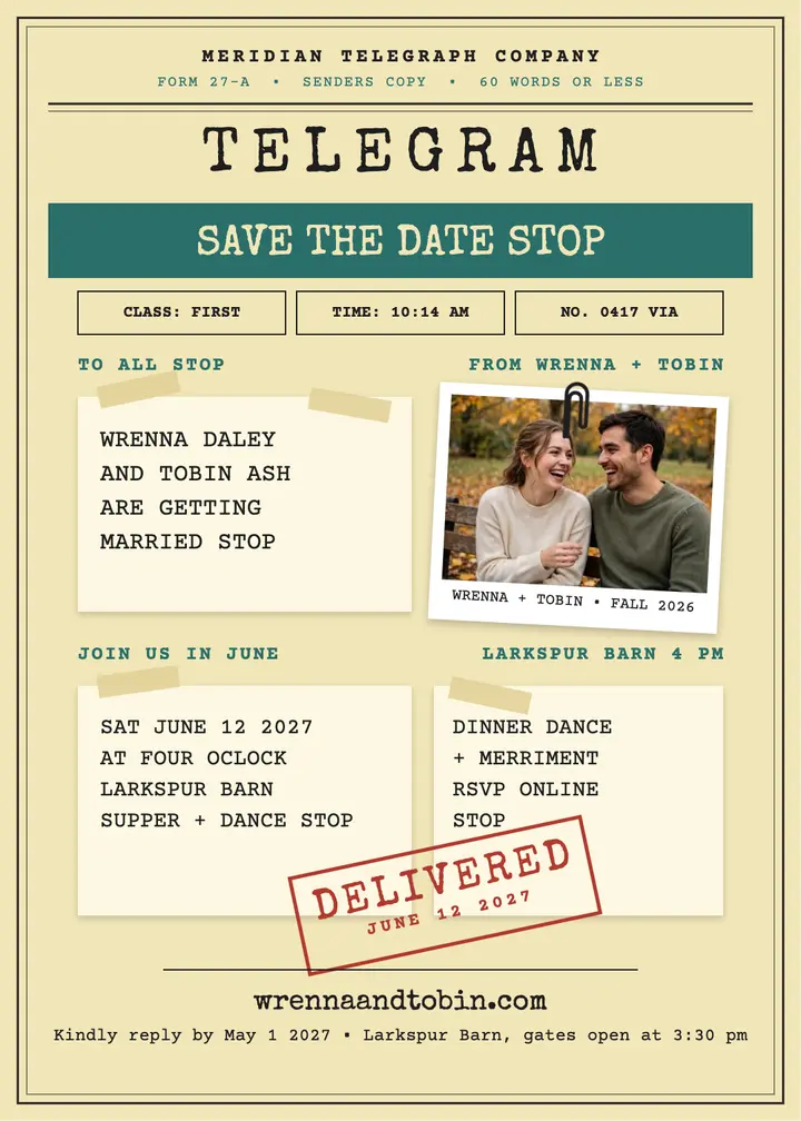 Wrenna and Tobin telegram save the date: save the date telegram template