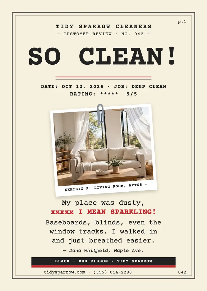 Tidy Sparrow typewritten cleaner testimonial template