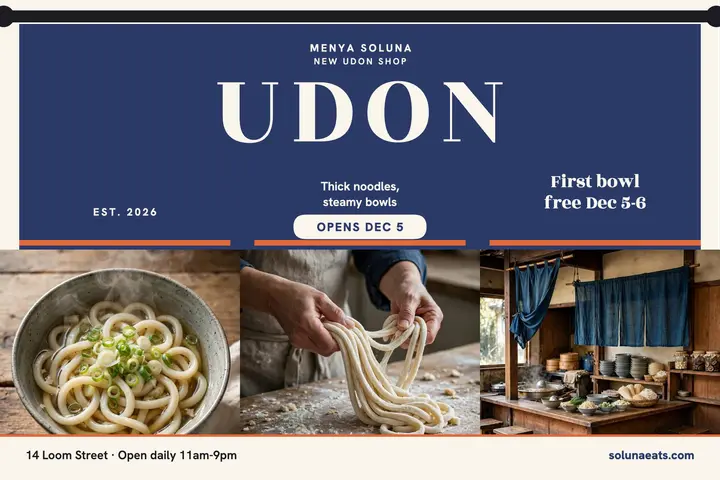 Menya Soluna udon opening noren postcard template