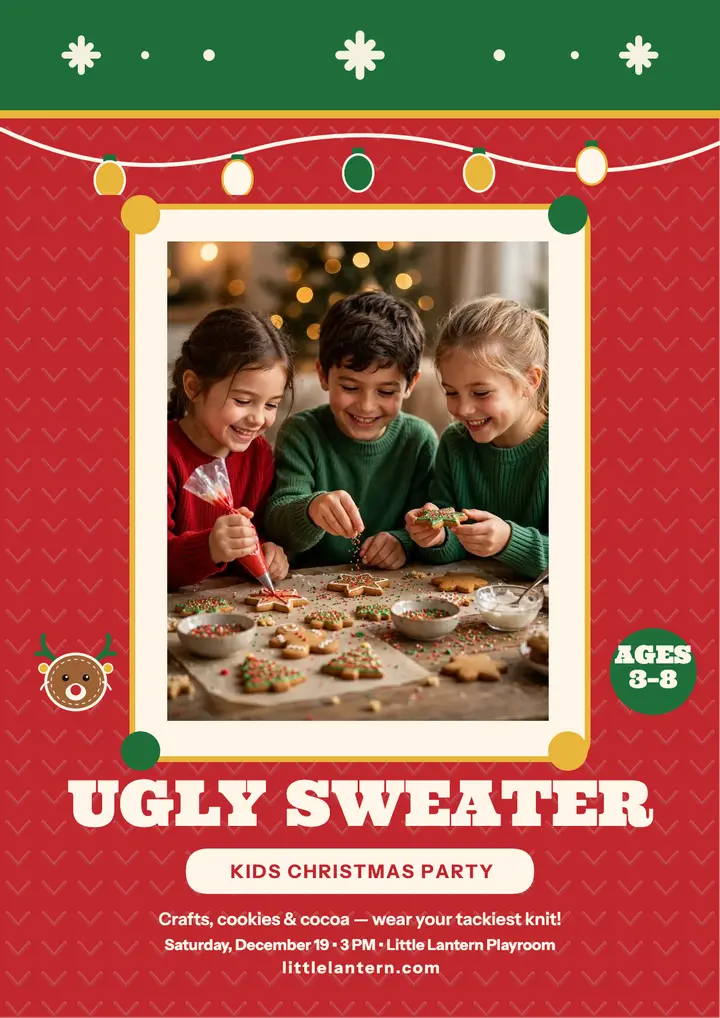 Little Lantern ugly sweater kids party flyer template