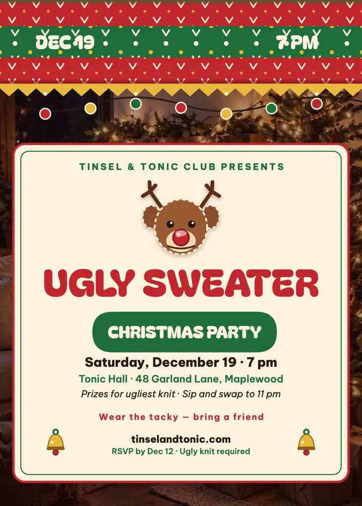 Tinsel and Tonic ugly sweater party invite template