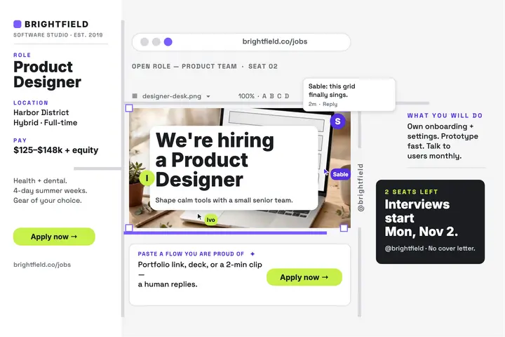 Brightfield product designer hiring postcard: hiring postcard template