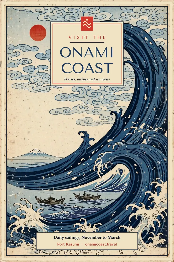 Onami Coast woodblock travel poster template