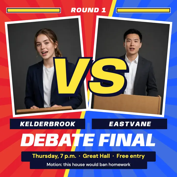 University debate final, versus screen: debate final announcement post template