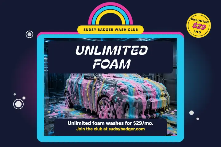 Sudsy Badger unlimited foam wash postcard template