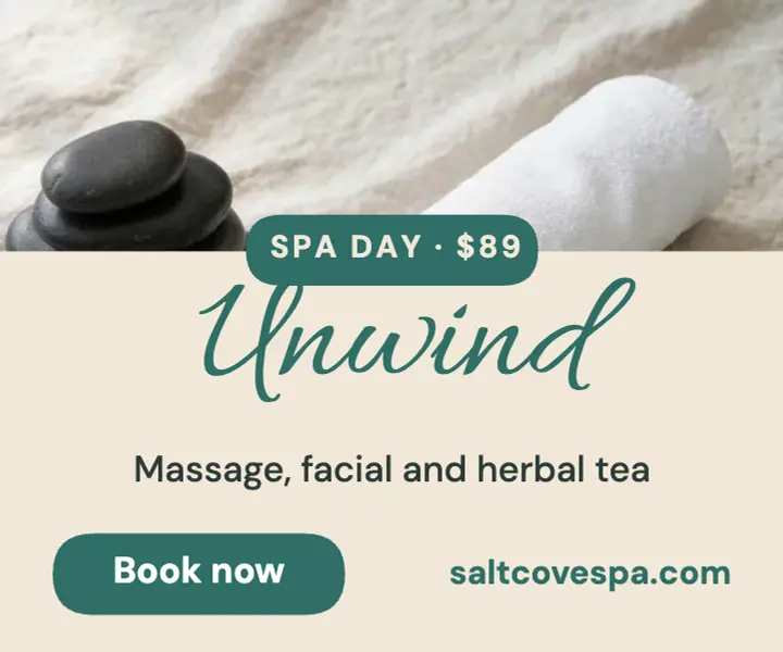 Seafoam and sand Unwind spa day ad template