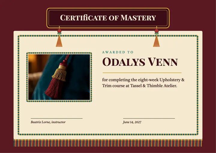 Tassel & Thimble trim certificate template