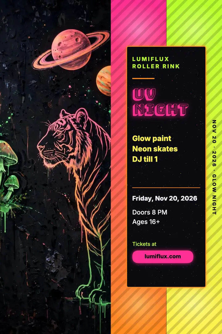UV glow night roller rink poster, blacklight template