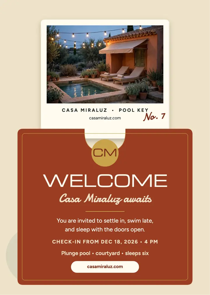 Casa Miraluz key sleeve welcome invite: vacation rental welcome invitation template