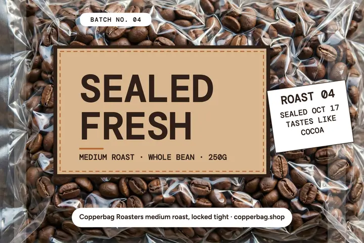 Copperbag Roasters sealed fresh postcard template