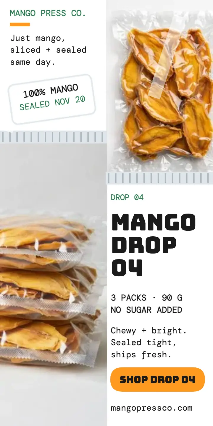 Mango Press mango drop half page ad template