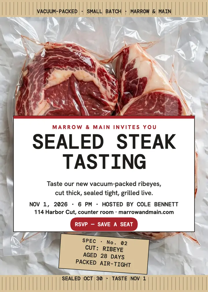 Marrow and Main sealed steak tasting invite: steak tasting invitation template