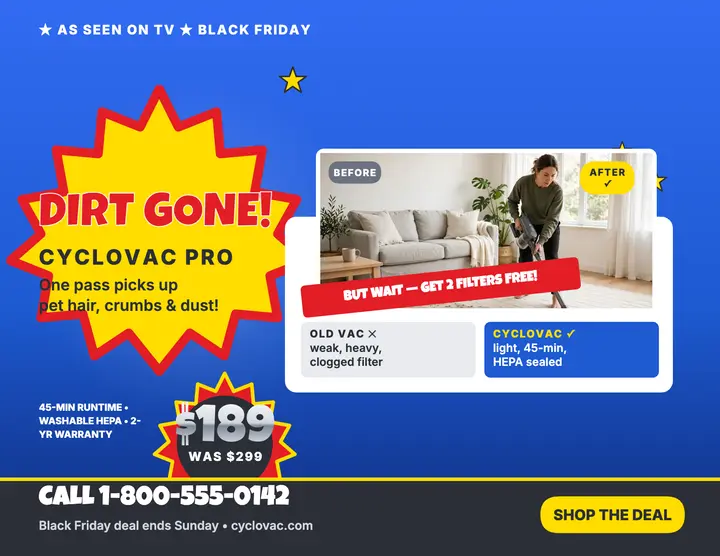 CycloVac Pro Black Friday TV offer flyer: vacuum sale flyer template