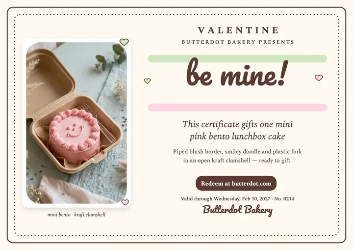 Valentine bento cake gift certificate: valentine gift certificate template