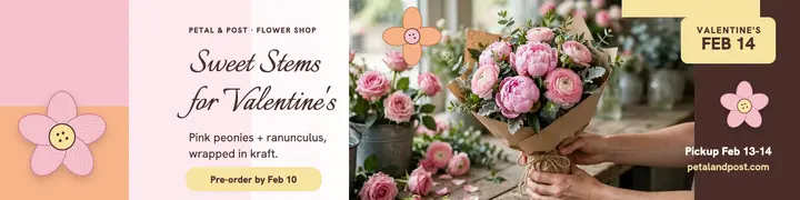 Petal and Post Valentine pre-order banner: valentine flower pre-order banner template