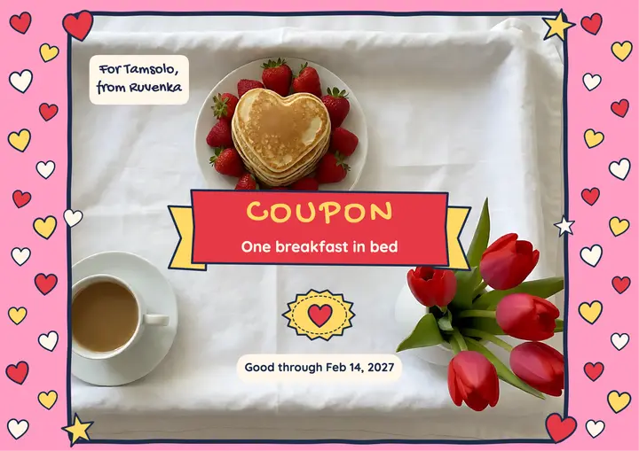 Valentine's breakfast in bed coupon certificate, doodle style: valentine's coupon certificate template