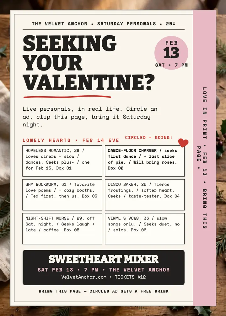 Sweetheart Mixer classifieds Valentine invite template