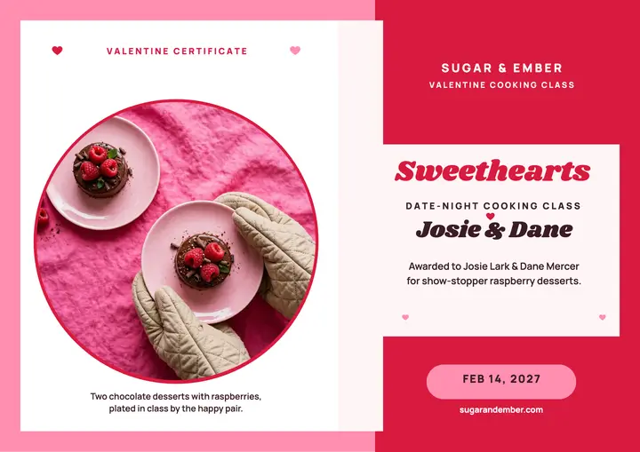 Sweethearts date-night cooking certificate: valentine cooking certificate template