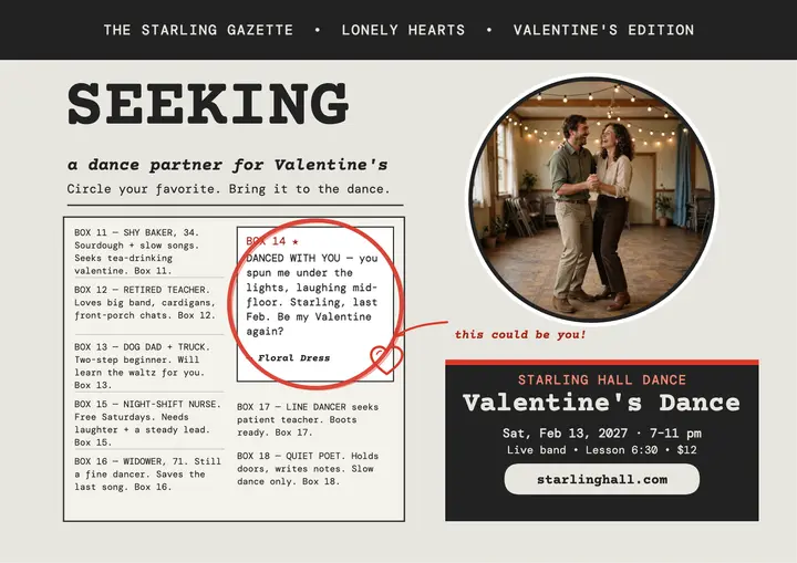 Starling Hall Valentine dance classifieds template