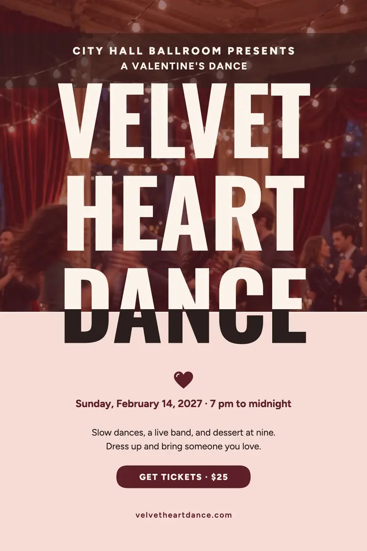 Velvet Heart Dance Valentine poster: valentine's dance poster template