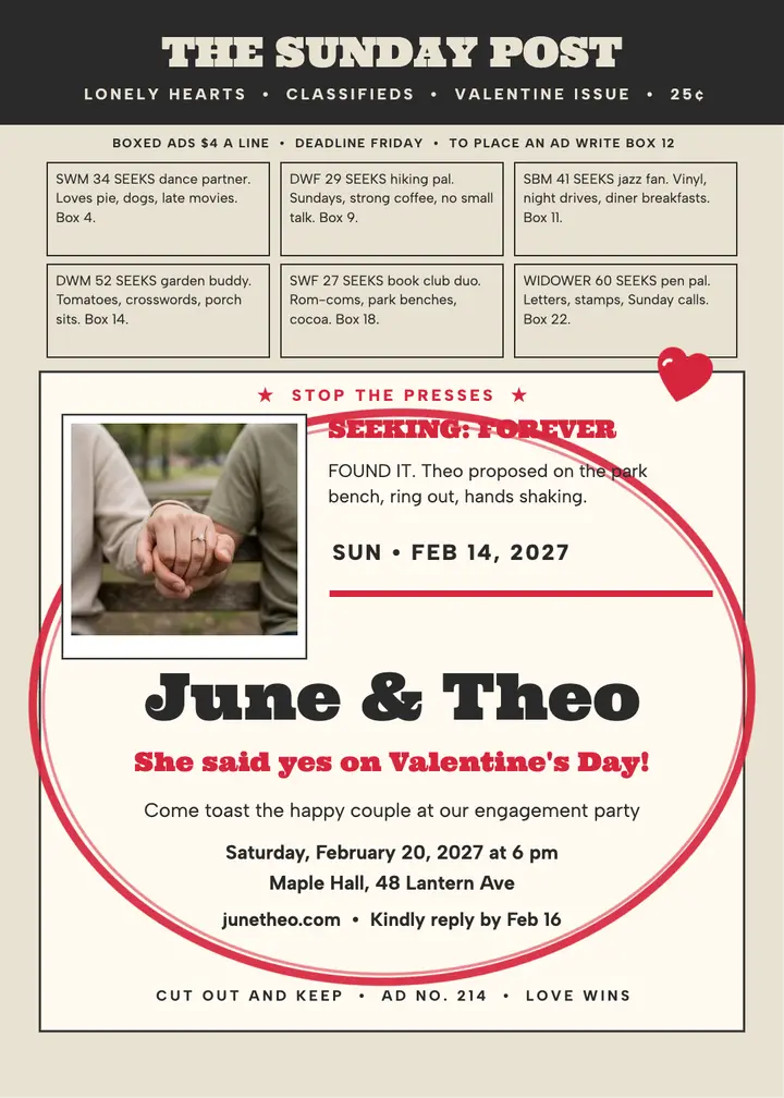 June and Theo classified engagement invite template