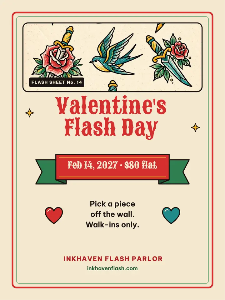 Inkhaven Flash Parlor Valentine's flash day: tattoo flash day post template