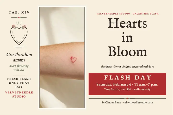 Velvetneedle Valentine heart flash postcard: valentine tattoo flash postcard template