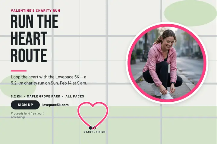 Lovepace 5K heart route postcard template