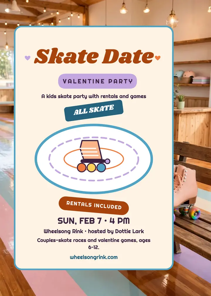 Wheelsong Valentine kids skate party invitation template