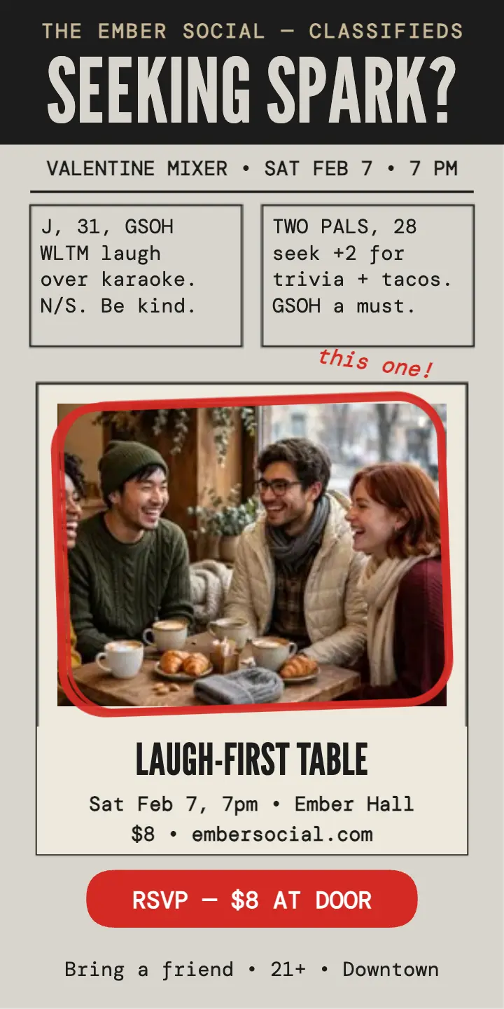 Ember Social Valentine mixer classifieds ad template