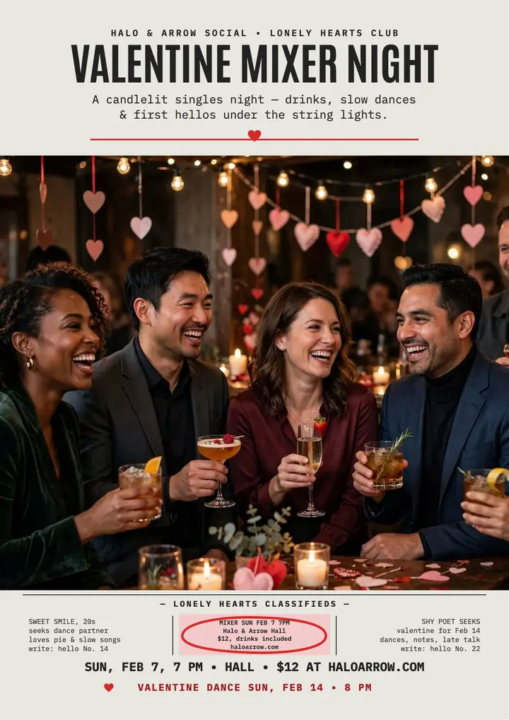 Halo and Arrow Valentine mixer classifieds flyer template