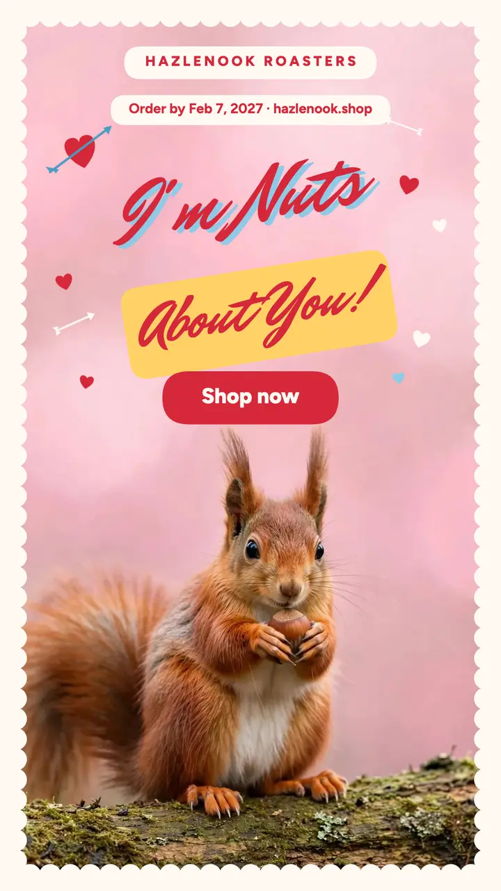 Valentine pun story with a squirrel, gift shop template