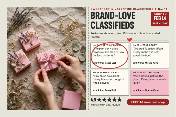Sweetpost Valentine classifieds reviews postcard template
