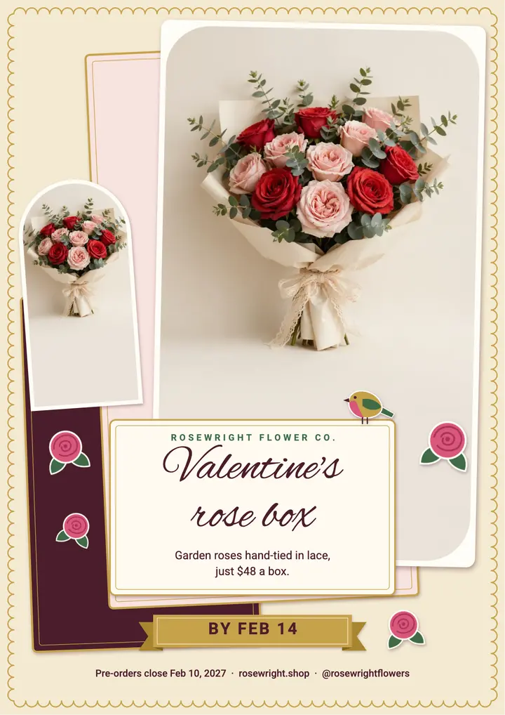 Valentine's rose box pre-order flyer, Victorian scrap template