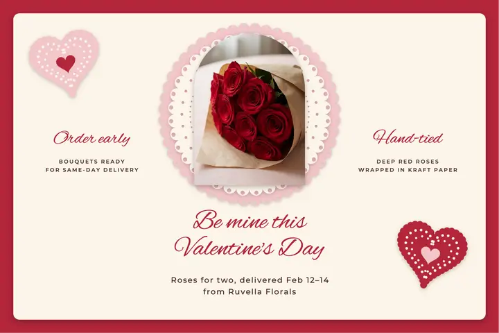 Valentine roses for two lace doily postcard: valentine's day florist postcard template