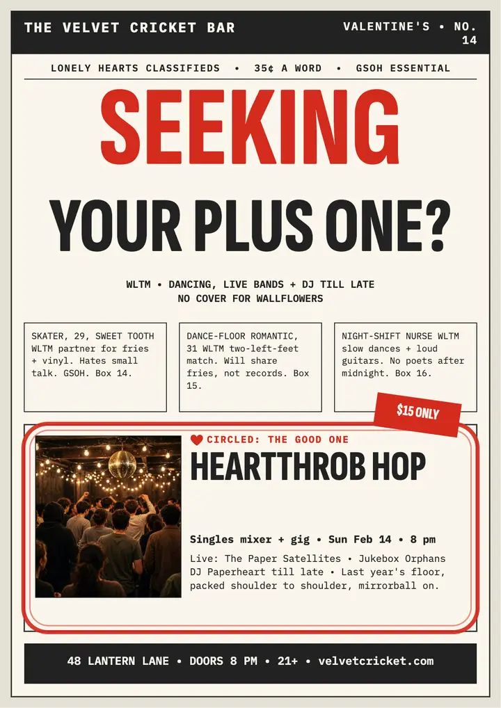 Heartthrob Hop singles mixer classifieds flyer template