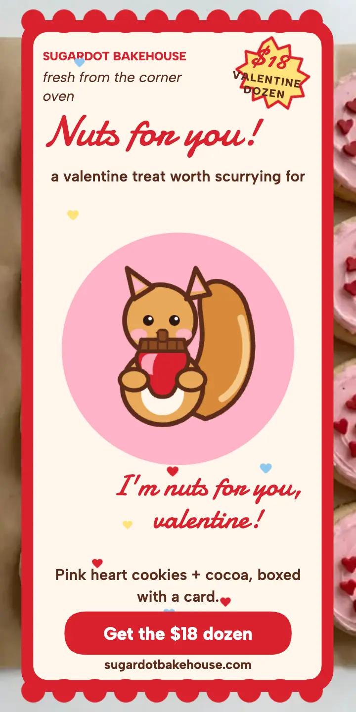 Sugardot squirrel valentine ad: valentine bakery ad template