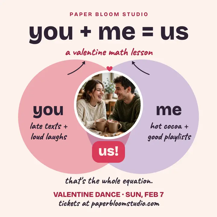 You plus me equals us Venn Valentine card template