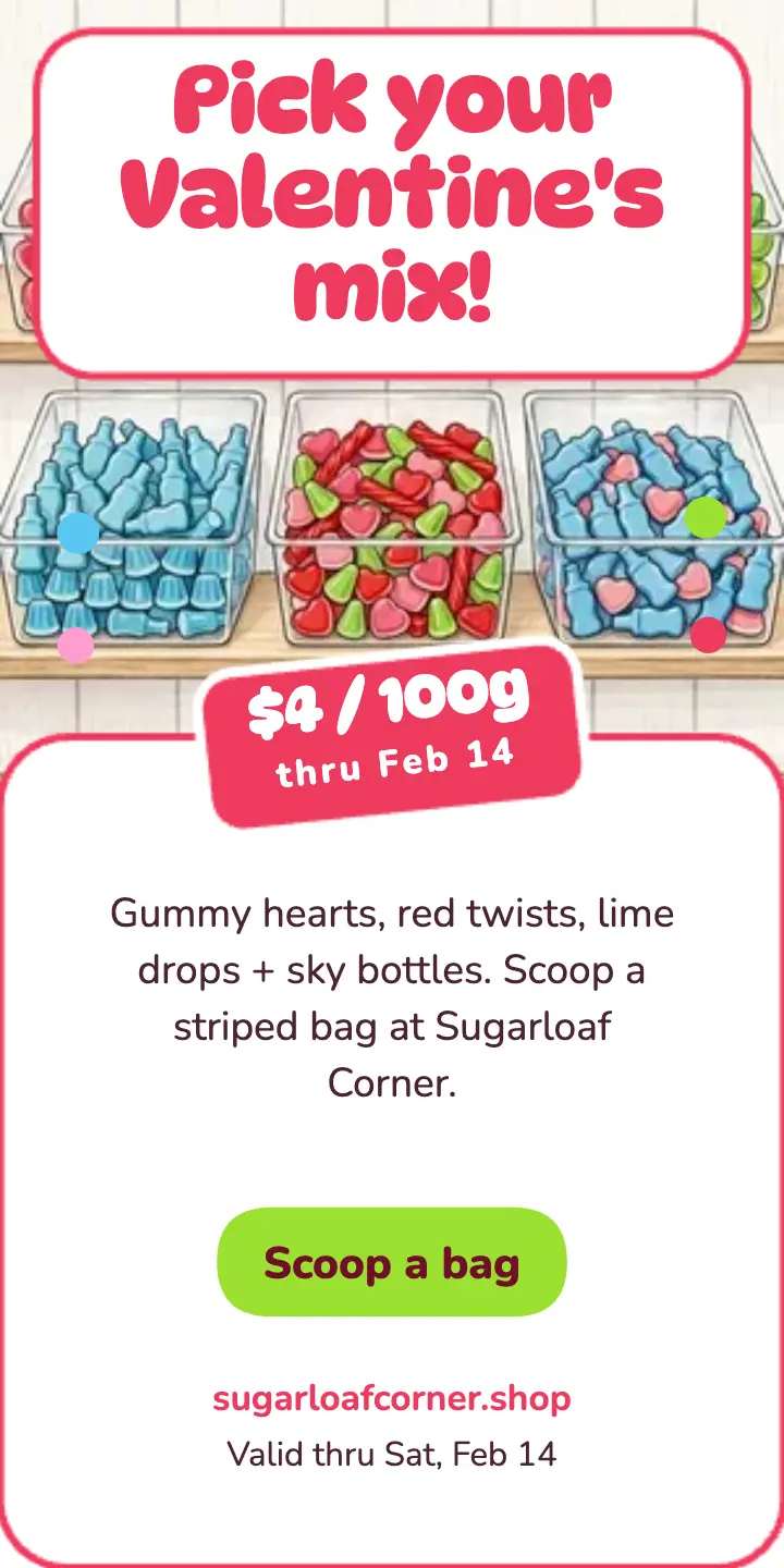 Sugarloaf Corner Valentine's mix half-page ad template