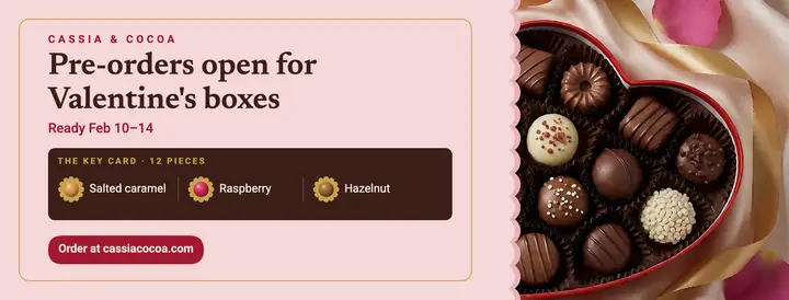 Cassia & Cocoa Valentine's box pre-order cover: valentine's chocolate facebook cover template