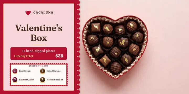 Cacaluna Valentine's chocolate box pre-order post template