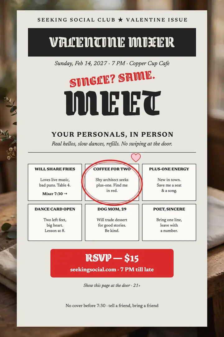 Seeking Social Club Valentine mixer classifieds poster template