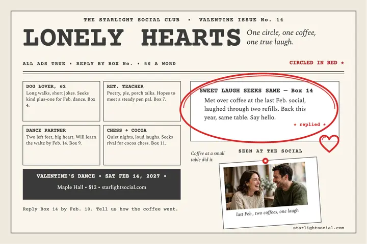 Starlight Social lonely hearts postcard template
