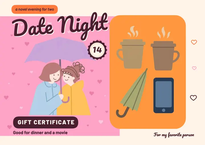 Valentine's date night gift certificate, rom-com cover template