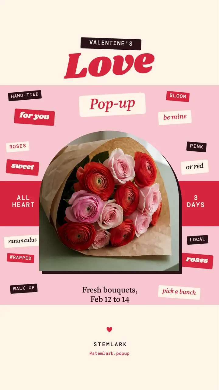 Valentine's flower pop-up story, type collage template