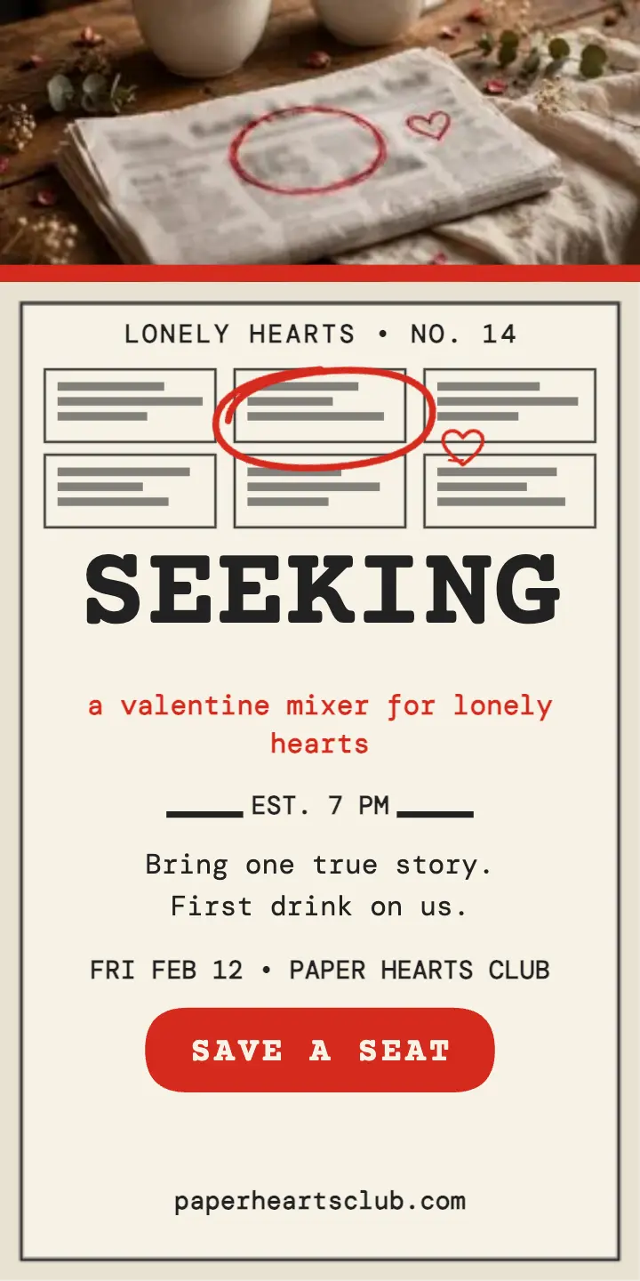 Paper Hearts Club Valentine mixer classified ad: valentine mixer ad template